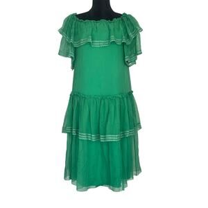 Alberta Ferreti Green 100% Silk Tiered Off the Shoulder Coastal Resort Dress, 4
